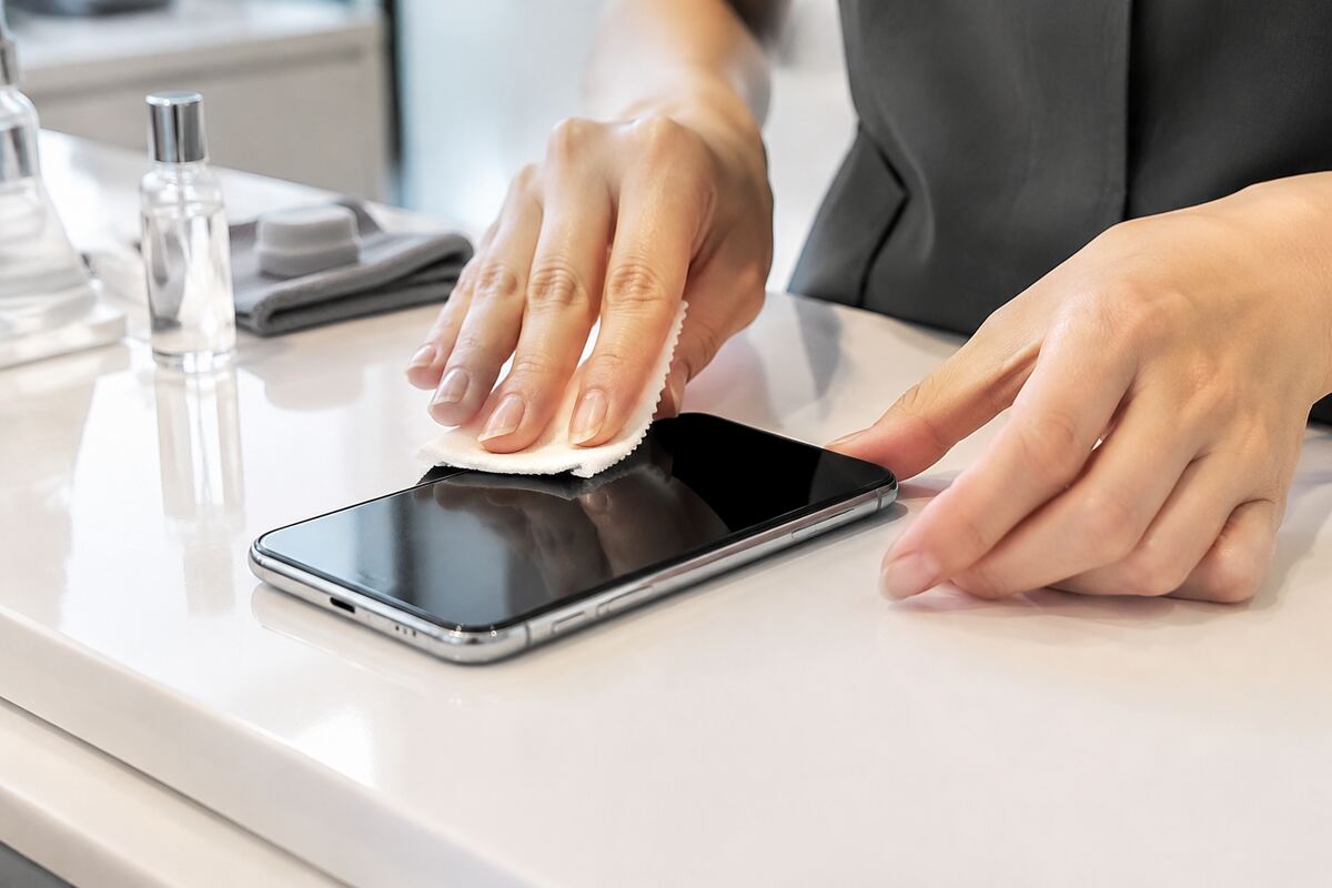 スマートフォンへガラスコーティングを施工する様子