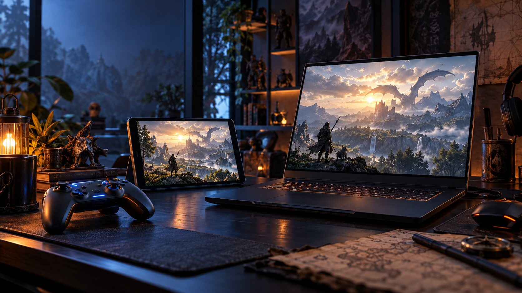 ファンタジー狩猟ゲームを表示したノートPC、タブレット、ゲームコントローラー