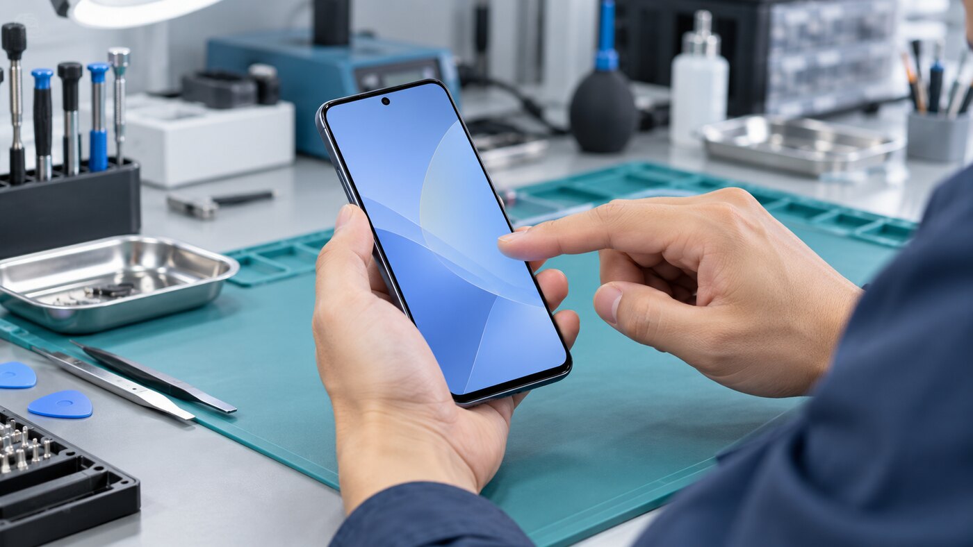 画面が割れていないスマートフォンのタッチ操作を点検する技術者